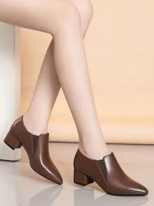 Scarpe col tacco medio a punta per donna, nuove calzature casual da ufficio per primavera e autunno, eleganti, con tacco largo - Castano - Visualizzare 2