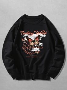 ROMWE MEN Guys Letter Butterfly Graphic Sweatshirt - Black - View 1