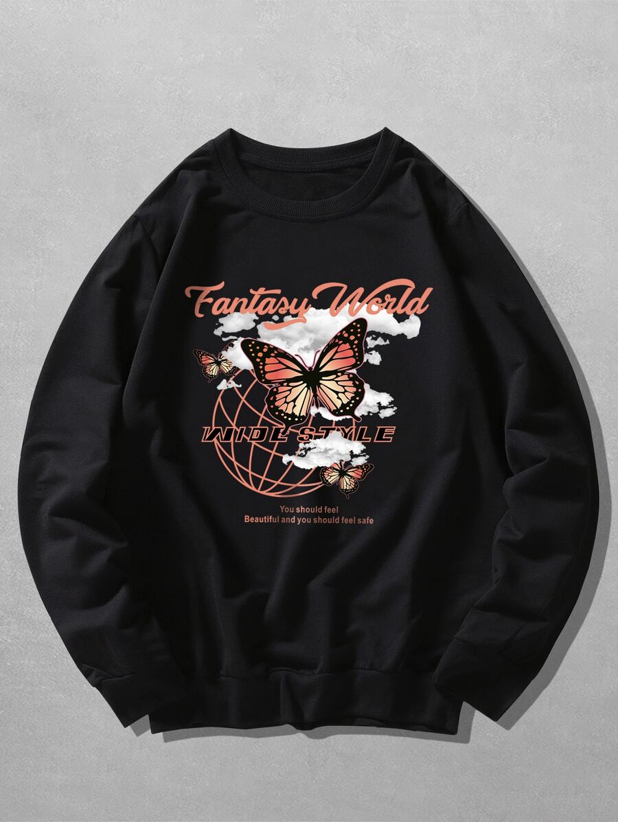 ROMWE MEN Guys Letter Butterfly Graphic Sweatshirt - Black - View 1