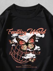 ROMWE MEN Guys Letter Butterfly Graphic Sweatshirt - Black - View 5