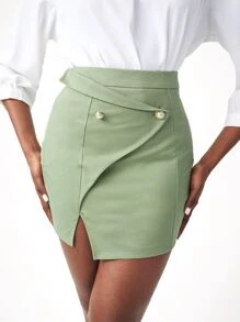 ELISA MESSI Falda bajo con abertura con diseño de botón - Verde Lima - Ver 1