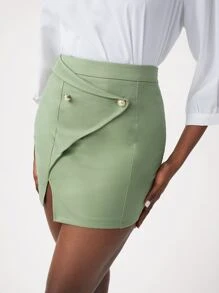 ELISA MESSI Falda bajo con abertura con diseño de botón - Verde Lima - Ver 3