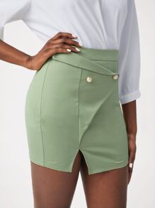 ELISA MESSI Falda bajo con abertura con diseño de botón - Verde Lima - Ver 4