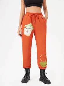 Innovante Pantalones deportivos con estampado de slogan y corazón con cordón - Naranja - Ver 2
