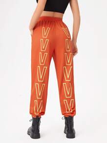 Innovante Pantalones deportivos con estampado de slogan y corazón con cordón - Naranja - Ver 3