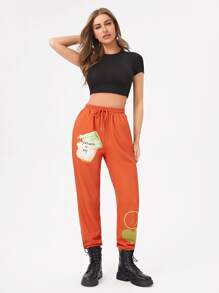 Innovante Pantalones deportivos con estampado de slogan y corazón con cordón - Naranja - Ver 5