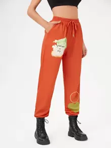 Innovante Pantalones deportivos con estampado de slogan y corazón con cordón - Naranja - Ver 1