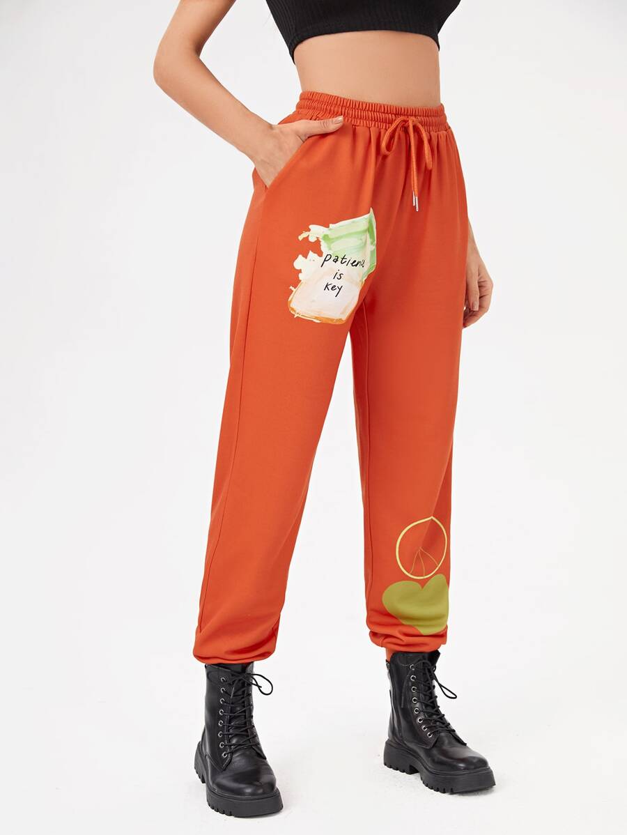 Innovante Pantalones deportivos con estampado de slogan y corazón con cordón - Naranja - Ver 1