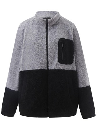 Men Colourblock Zip Up Teddy Coat