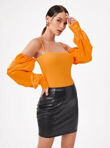 Innovante 挖肩燈籠袖上衣 - 橘色 - 查看 4