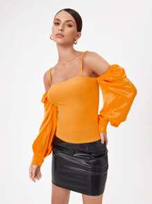 Innovante 挖肩燈籠袖上衣 - 橘色 - 查看 5