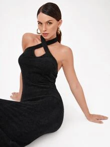 Innovante Designer Crisscross Halter Neck Bodycon Sweater Dress, Festival - Black - View 3