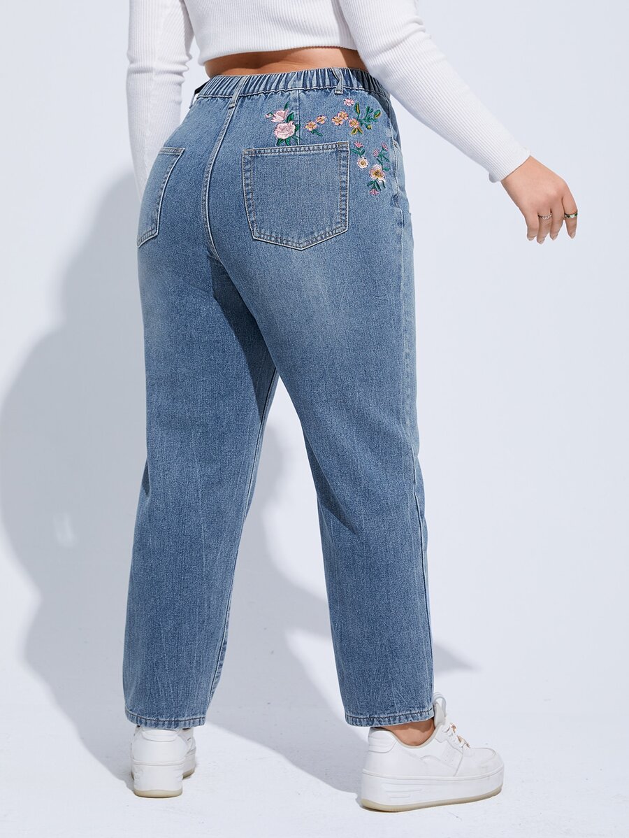 SHEIN EZwear Plus High Waist Floral Embroidery Mom Fit Jeans - Medium Wash - View 1