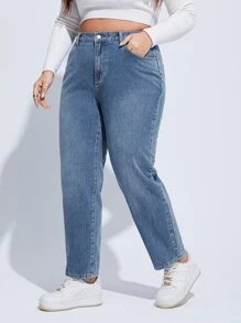 SHEIN EZwear Plus High Waist Floral Embroidery Mom Fit Jeans - Medium Wash - View 2