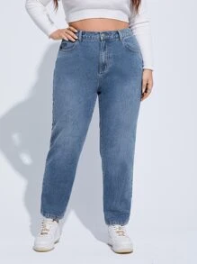 SHEIN EZwear Plus High Waist Floral Embroidery Mom Fit Jeans - Medium Wash - View 3