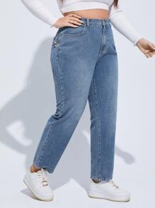 SHEIN EZwear Plus High Waist Floral Embroidery Mom Fit Jeans - Medium Wash - View 5