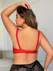 Plus Floral Lace Bow Front Underwire Bra - Red - View 2