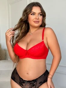 Plus Floral Lace Bow Front Underwire Bra - Red - View 3