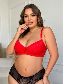 Plus Floral Lace Bow Front Underwire Bra - Red - View 4