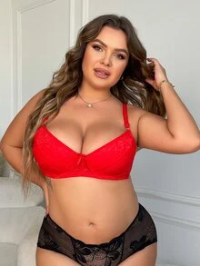 Plus Floral Lace Bow Front Underwire Bra - Red - View 5