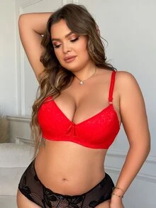 Plus Floral Lace Bow Front Underwire Bra - Red - View 6