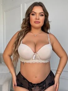 Plus Contrast Lace Underwire Bra - Apricot - View 1