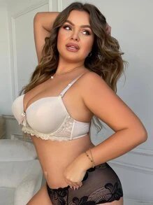 Plus Contrast Lace Underwire Bra - Apricot - View 4