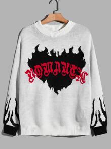 ROMWE MEN Street Life Men Letter Fire Graphic Sweater - White - View 2