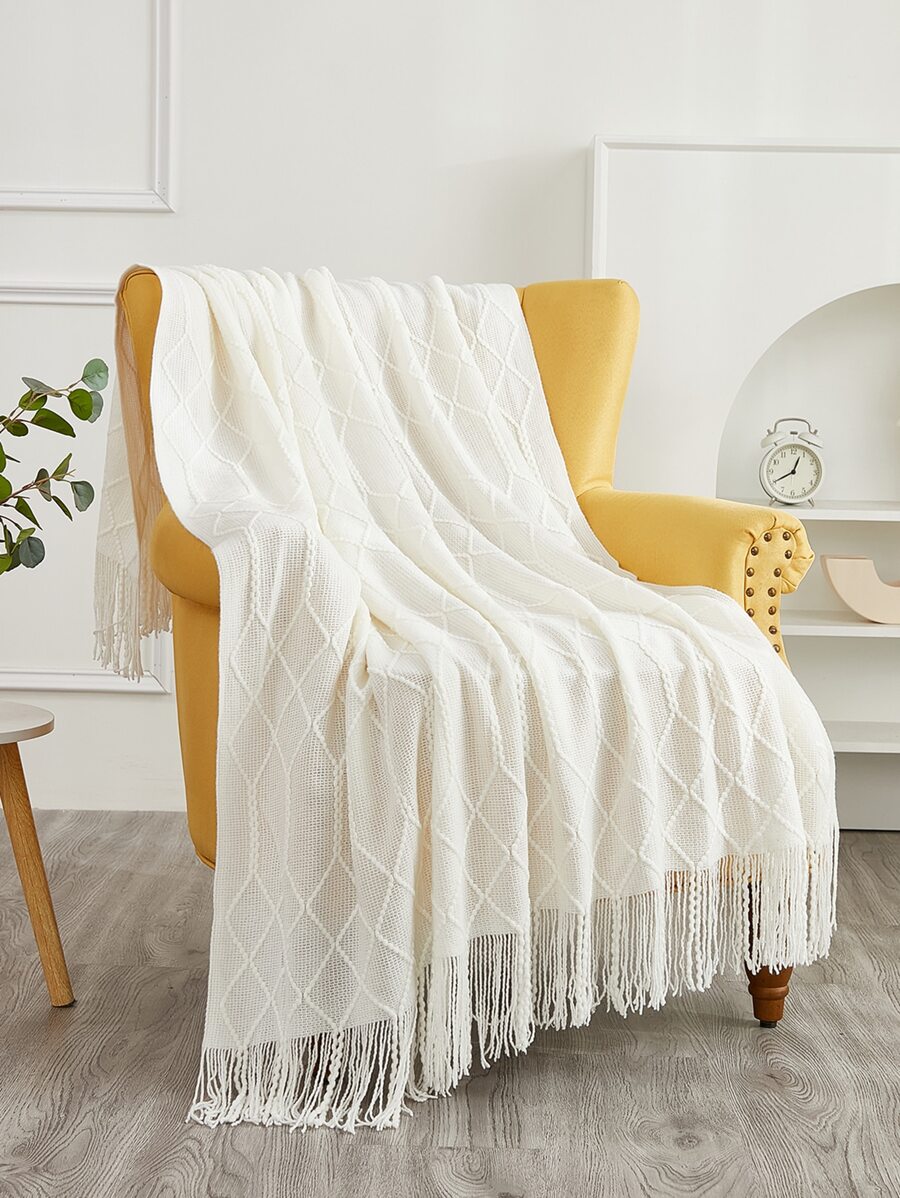 1pc Solid Color Tassel Decor Knitted Throw Blanket - Beige - View 1