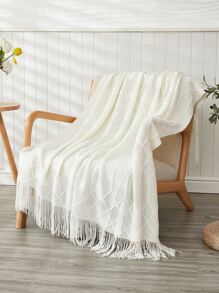 1pc Solid Color Tassel Decor Knitted Throw Blanket - Beige - View 2