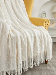 1pc Solid Color Tassel Decor Knitted Throw Blanket - Beige - View 5