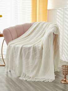 1pc Solid Color Tassel Decor Knitted Throw Blanket - Beige - View 6