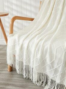 1pc Solid Color Tassel Decor Knitted Throw Blanket - Beige - View 7