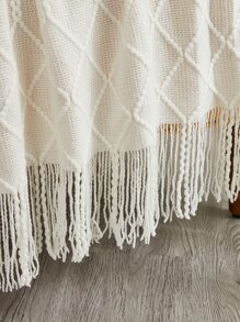 1pc Solid Color Tassel Decor Knitted Throw Blanket - Beige - View 8