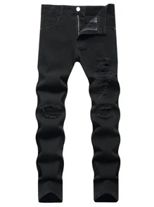 Men Ripped Pocket Zipper Skinny Jeans - Black - View 1