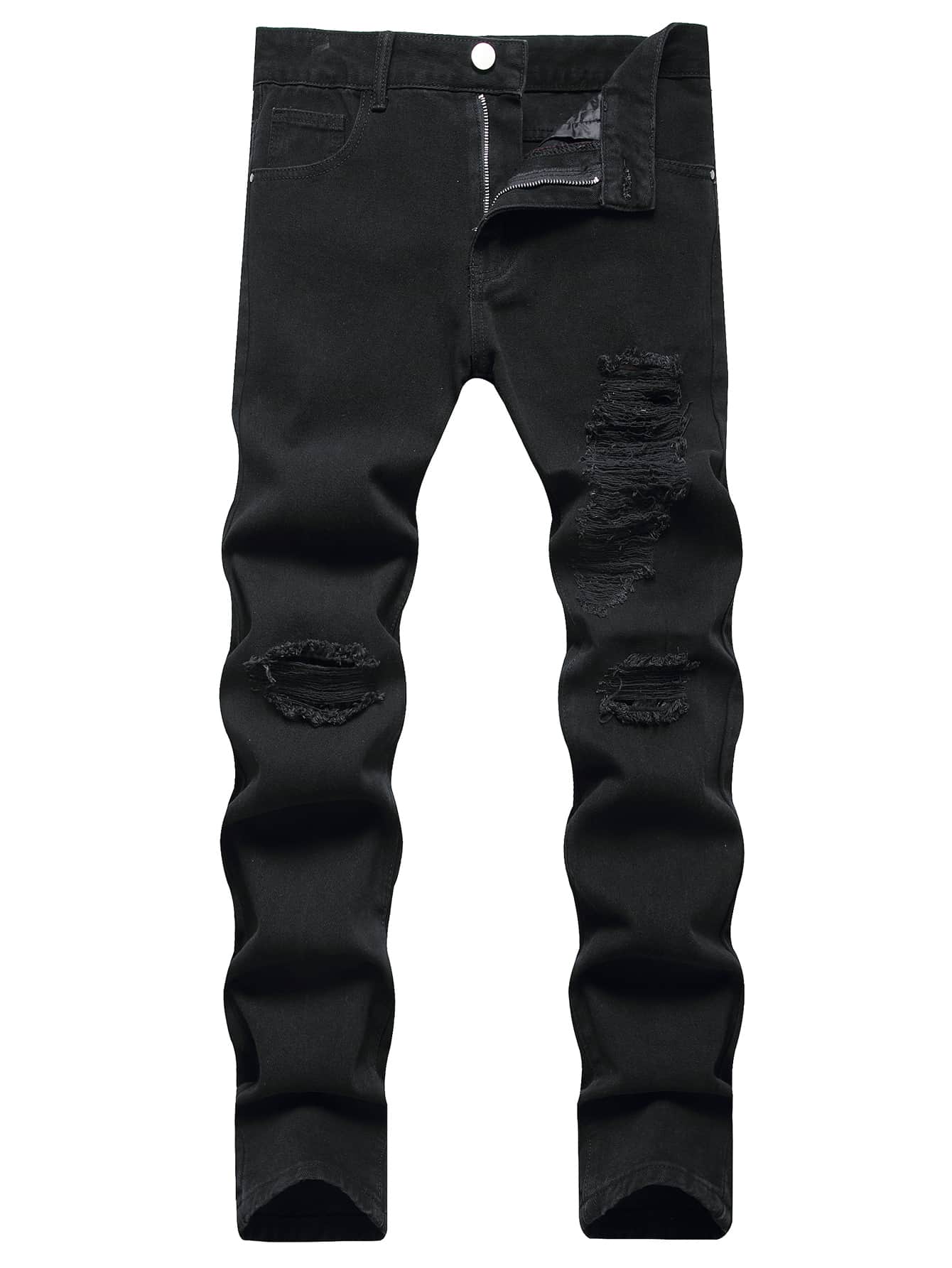 Men Ripped Pocket Zipper Skinny Jeans - Black - View 1