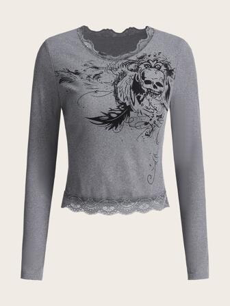 T-shirt à imprimé tête de mort en dentelle