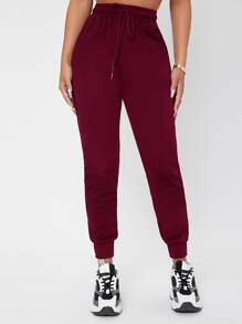 SHEIN PETITE Solid Drawstring Waist Sweatpants - Burgundy - View 1