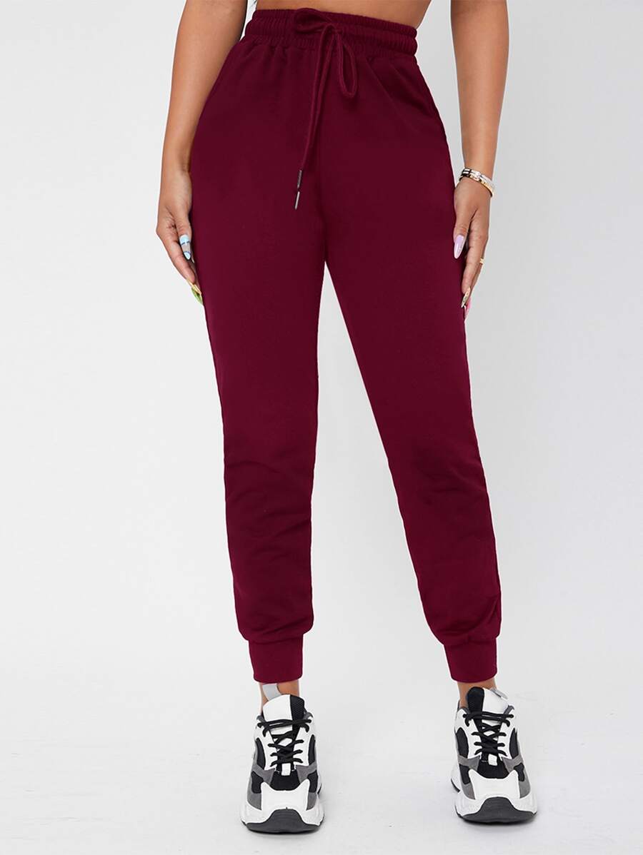 SHEIN PETITE Solid Drawstring Waist Sweatpants - Burgundy - View 1