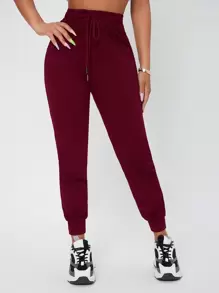 SHEIN PETITE Solid Drawstring Waist Sweatpants - Burgundy - View 3