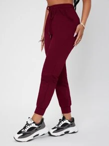 SHEIN PETITE Solid Drawstring Waist Sweatpants - Burgundy - View 4