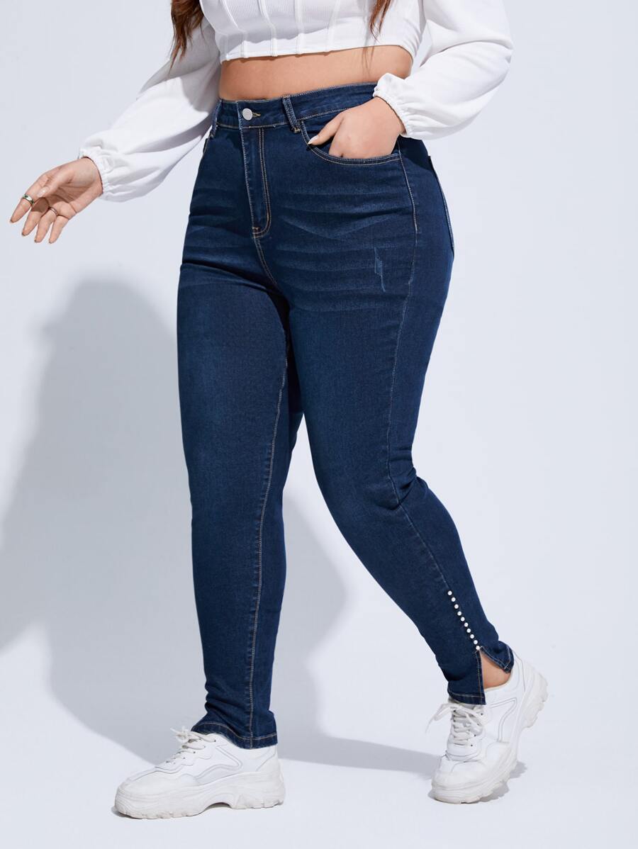 SHEIN SXY 大碼高腰珍珠細節緊身牛仔褲 - 深色水洗藍 - 查看 1