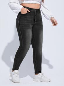 SHEIN ICON Plus High Waist Single Button Skinny Jeans - Dark Grey - View 5