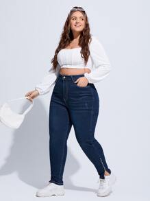 SHEIN SXY 大碼高腰珍珠細節緊身牛仔褲 - 深色水洗藍 - 查看 4