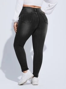 SHEIN ICON Plus High Waist Single Button Skinny Jeans - Dark Grey - View 2