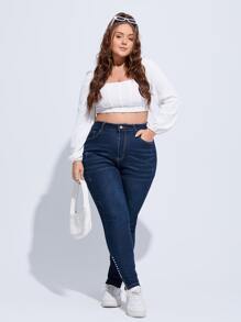 SHEIN SXY 大碼高腰珍珠細節緊身牛仔褲 - 深色水洗藍 - 查看 5