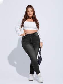 SHEIN ICON Plus High Waist Single Button Skinny Jeans - Dark Grey - View 4