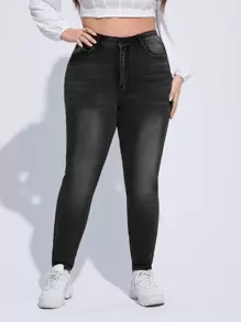 SHEIN ICON Plus High Waist Single Button Skinny Jeans - Dark Grey - View 1
