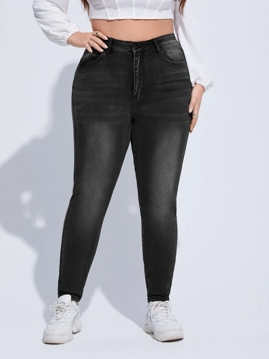 SHEIN ICON Plus High Waist Single Button Skinny Jeans - Dark Grey - View 1