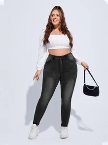 SHEIN ICON Plus High Waist Single Button Skinny Jeans - Dark Grey - View 6